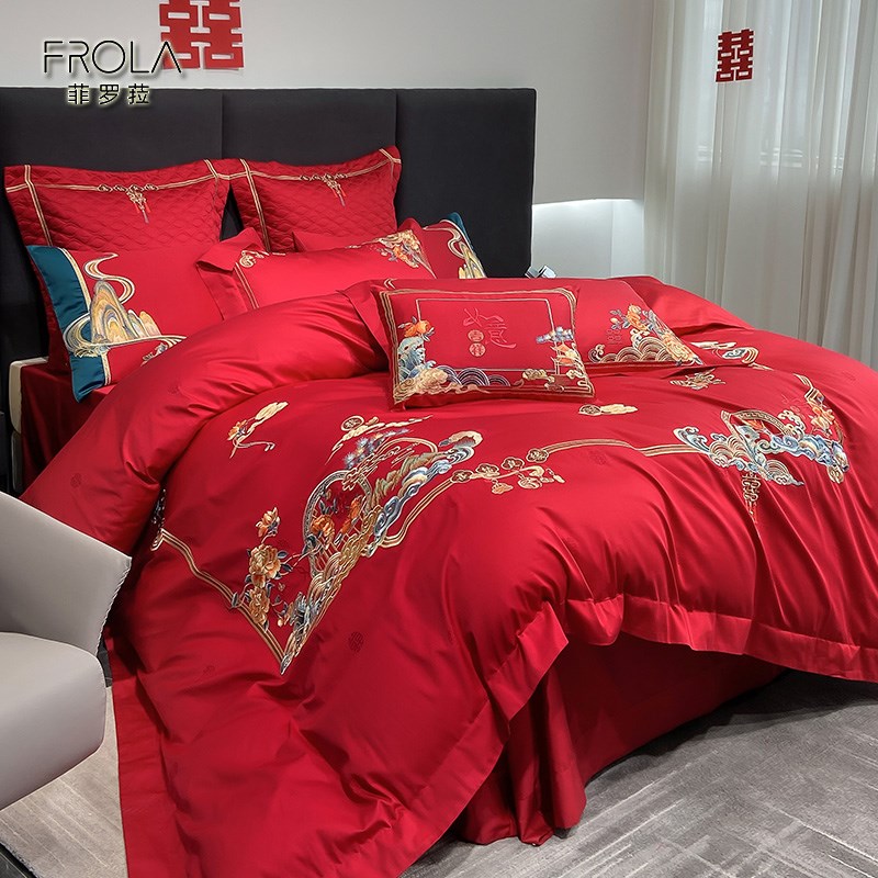 婚庆结婚四件套红色婚房喜被床单刺绣被套被单婚礼大红色床上用品