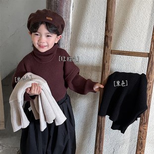 暮晨家新款冬装2024男童高领坑条打底衫中小童加厚洋气内搭毛衣