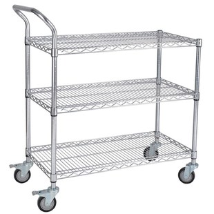 三层车间物料周转车带轮不锈钢色单双扶手网格置物手推车镀铬层架