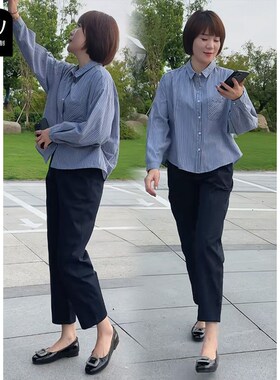 小众设计感撞色条纹lpolo领长袖衬衫女时尚单口袋小个子叠穿衬衣