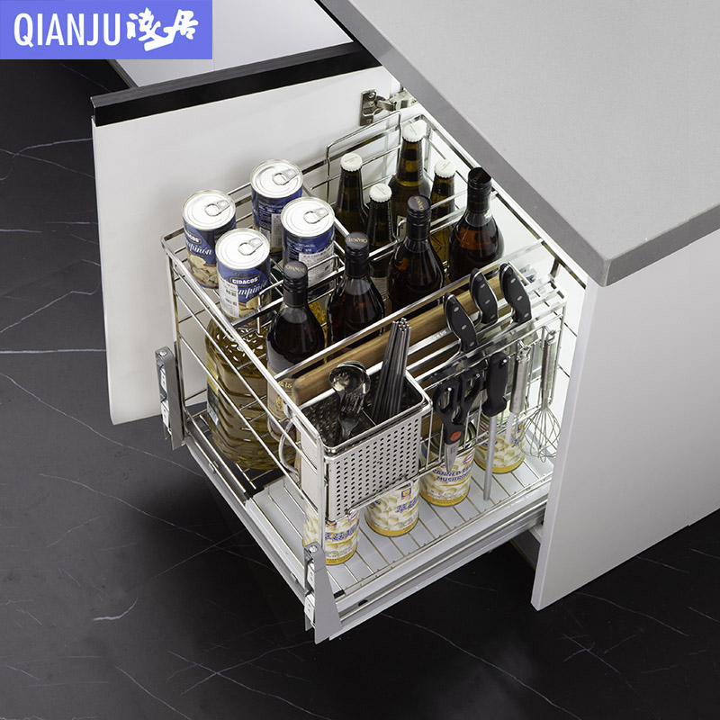 调味拉篮厨房橱柜304不锈钢抽屉式阻尼厨地柜碗篮拉篮调味篮内置