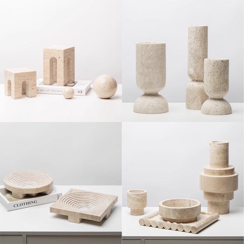 侘寂风大理石花瓶摆件样板间客厅售楼部黄洞石花器托盘果盘装饰品,家居饰品,花瓶,淘宝优惠券,粉丝福利购,淘宝优惠卷