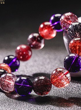 天然黑加仑超七手链女单圈三圈手串紫发晶云母金草莓黑超紫超水晶