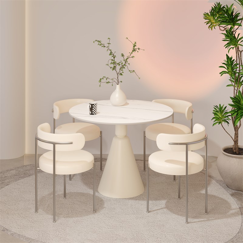 奶油风岩板圆形餐桌店铺商务会客接待洽谈桌椅现代简约小户型桌子
