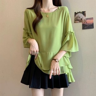大码2-300斤法式荷叶边雪纺衬衫女夏季新款设计感宽松显瘦小衫ins