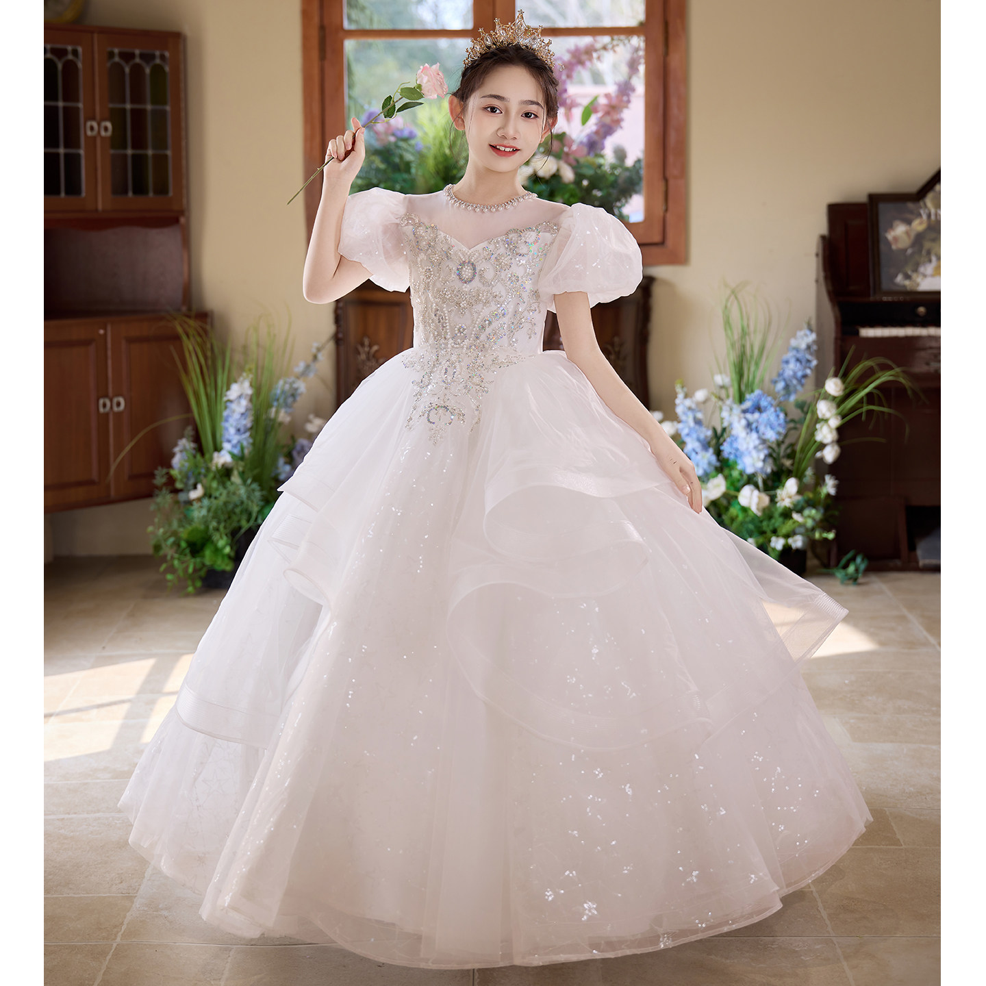 儿童礼服女童白色花童婚礼小女孩十岁生日宴party公主裙绝美高端