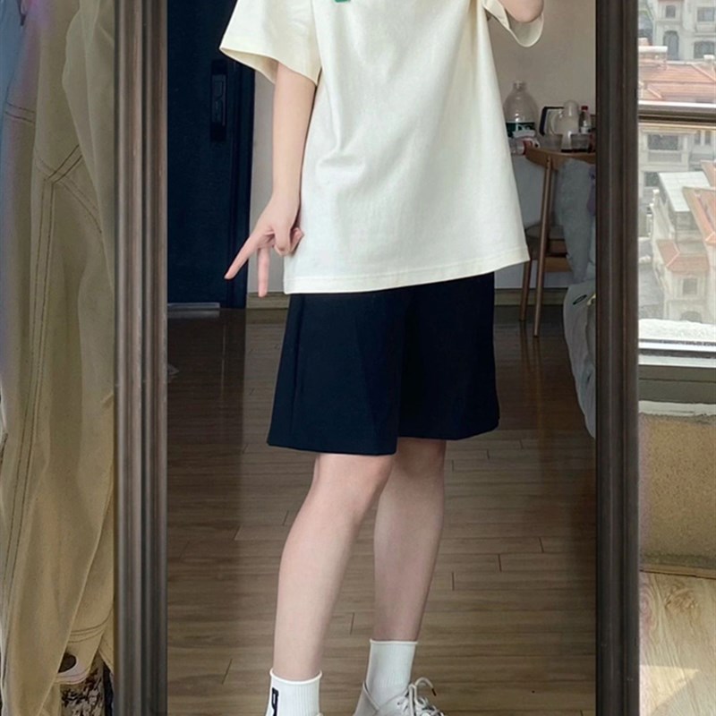 黑色西装短裤女夏季高腰大码胖妹妹mm宽I松显瘦直筒五分裤休闲中