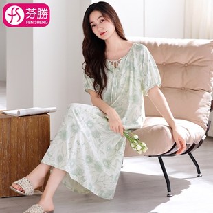 睡裙夏季 睡衣家居服 女纯棉短袖 国风夏天可C外穿带胸垫孕妇大码
