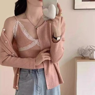 时尚 早秋女开衫 针织衫 背心修身 吊带春秋内搭.蕾丝边女 韩系领套装