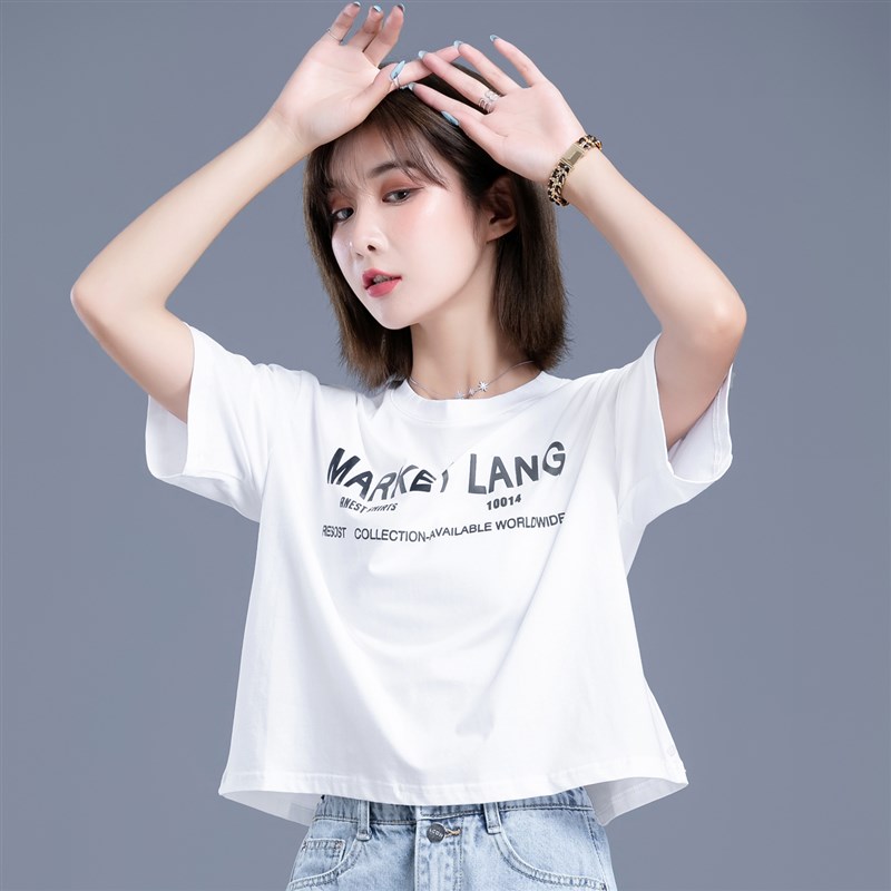 白色纯棉t恤女宽松短袖女s2021年新款潮夏季薄款高腰短款上衣女士