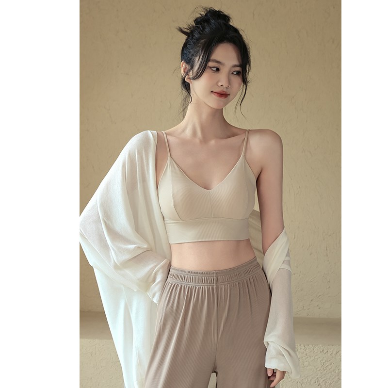 v领小吊带背心女夏带p胸垫白色运动内衣美背内搭外穿打底抹胸上衣