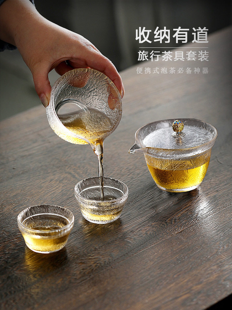 xyt初雪玻璃快客杯一壶两杯泡茶盖碗茶杯套装旅行便携式一人功夫