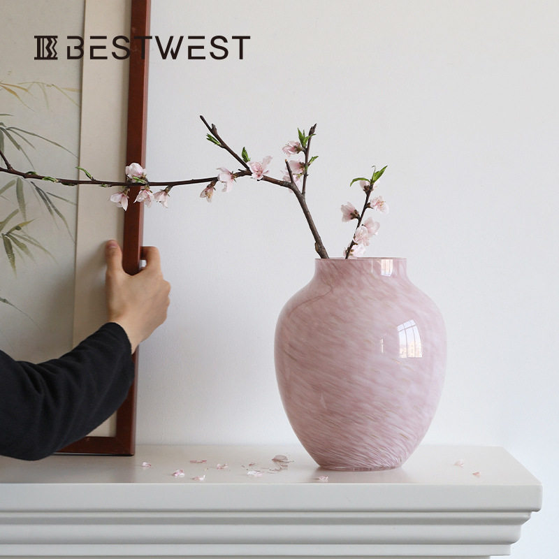 bestwest中古浅粉玻璃特别好看的花瓶摆件轻奢高档客厅水培插花瓶