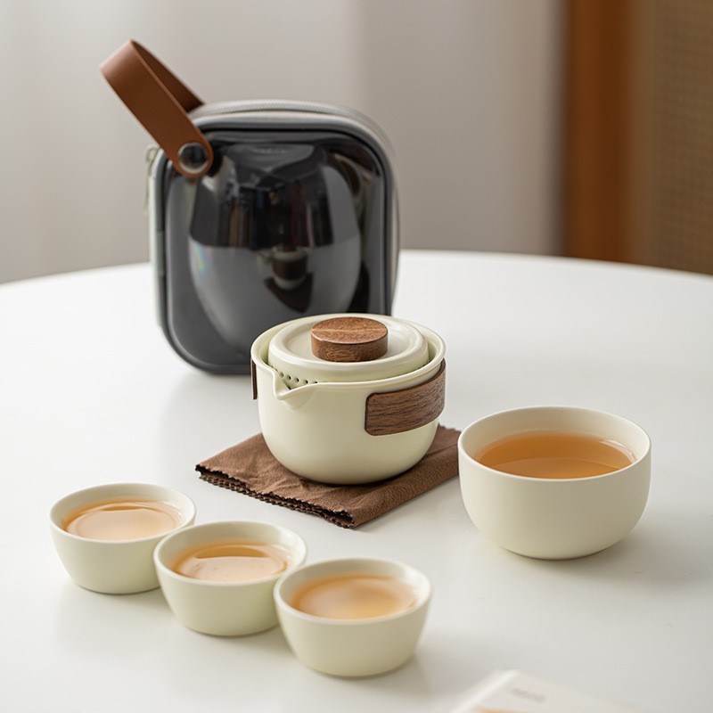 陶瓷一壶两杯旅行茶具套装便携式户外车载快客杯简约泡茶器带过滤