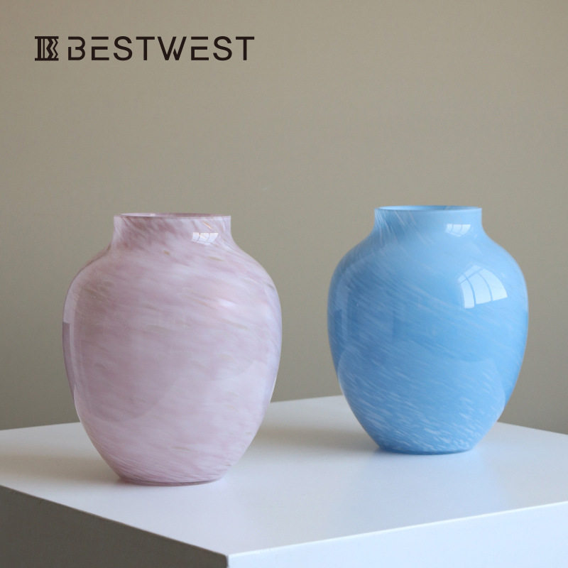 bestwest中古浅粉玻璃特别好看的花瓶摆件轻奢高档客厅水培插花瓶