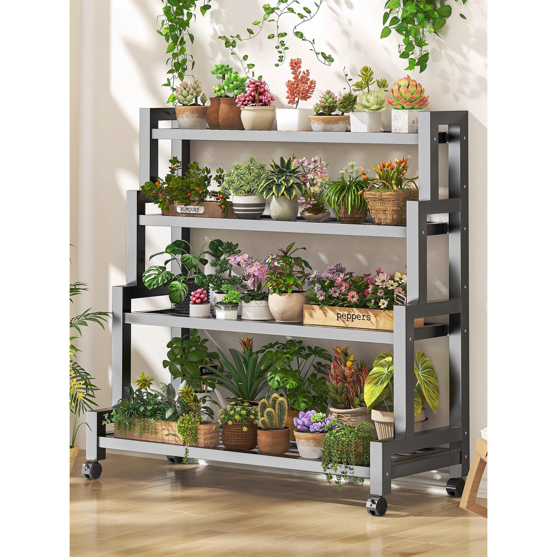 花架置物架阳台花架子客厅落地式铁艺实木质多层植物多肉花盆托架