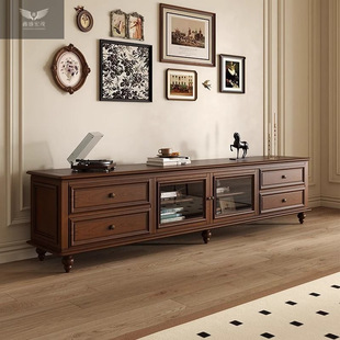 复古中古风胡桃色轻奢落地电视柜洛根美式实木电视柜24年新款高级