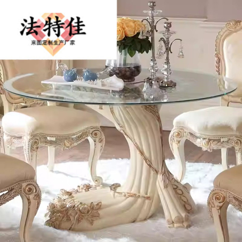 美式实木雕花餐桌复古高档欧式新古典大理石圆形餐桌餐台餐椅组合