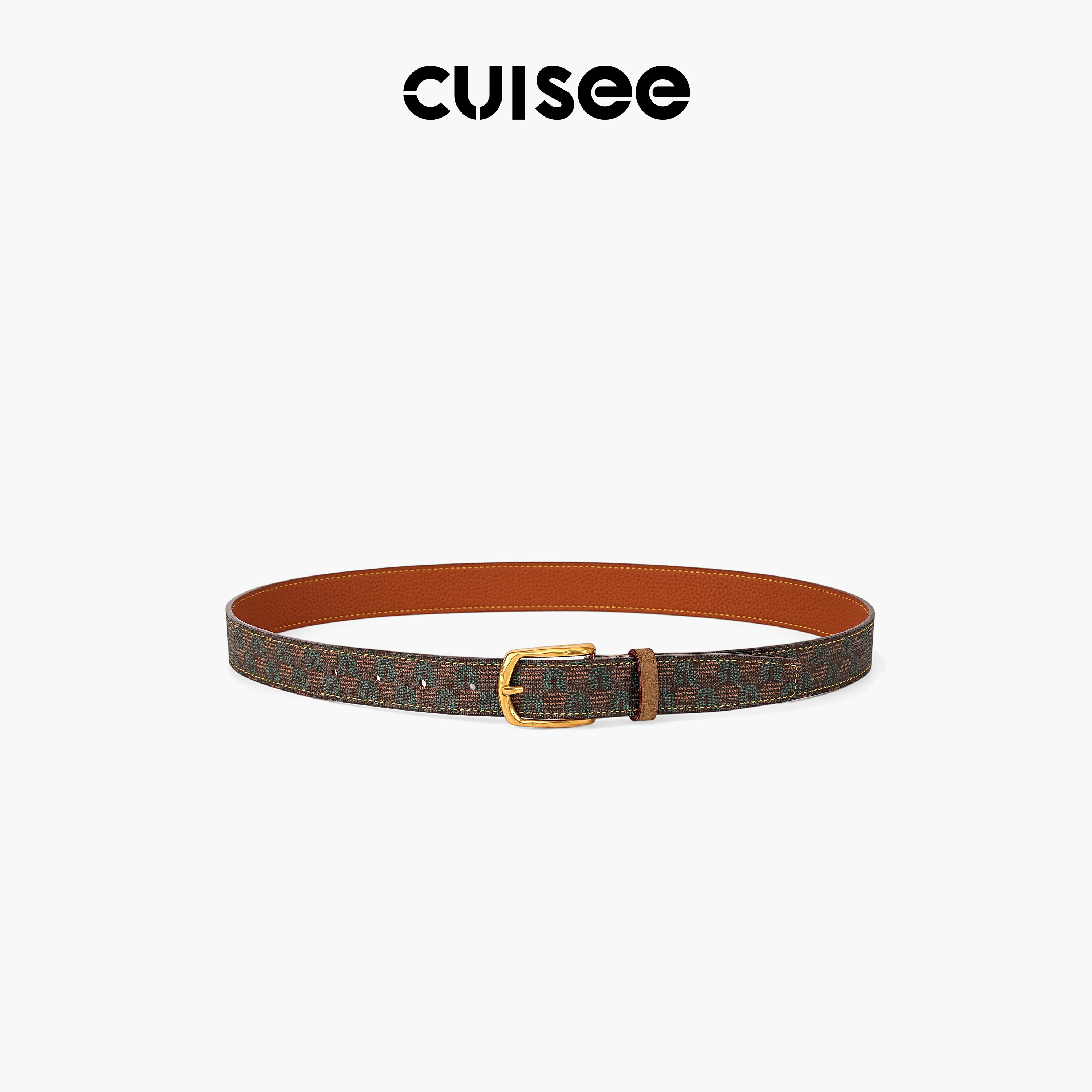 Cuisee/崔氏新款男女老花皮带针扣拼鸵鸟皮时尚百搭真皮腰带女