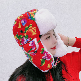 雷锋帽女冬季保暖护耳东北大花布棉帽子男复古民族风儿童火车头帽