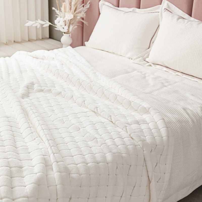 法式奶油风床搭毯白色仿兔绒格子盖毯民宿床尾毯样板间床旗床尾巾,床上用品,床旗,淘宝优惠券,粉丝福利购,淘宝优惠卷