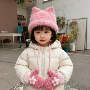 猫耳帽子挂脖手套毛线手工diy钩针编织材料儿童针织手套生日礼物