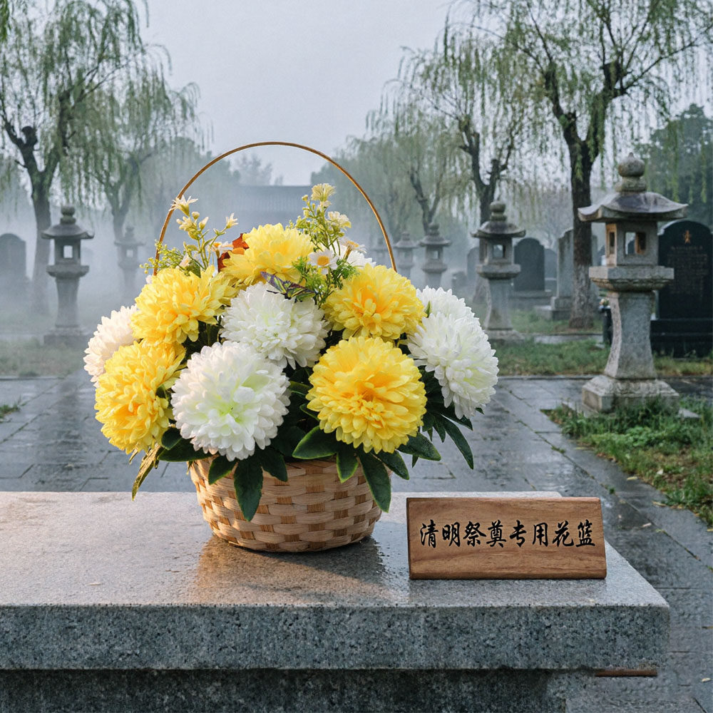 成品清明花祭祀手提花篮塑料仿真花摆墓地陵园上坟百合菊花扫墓花