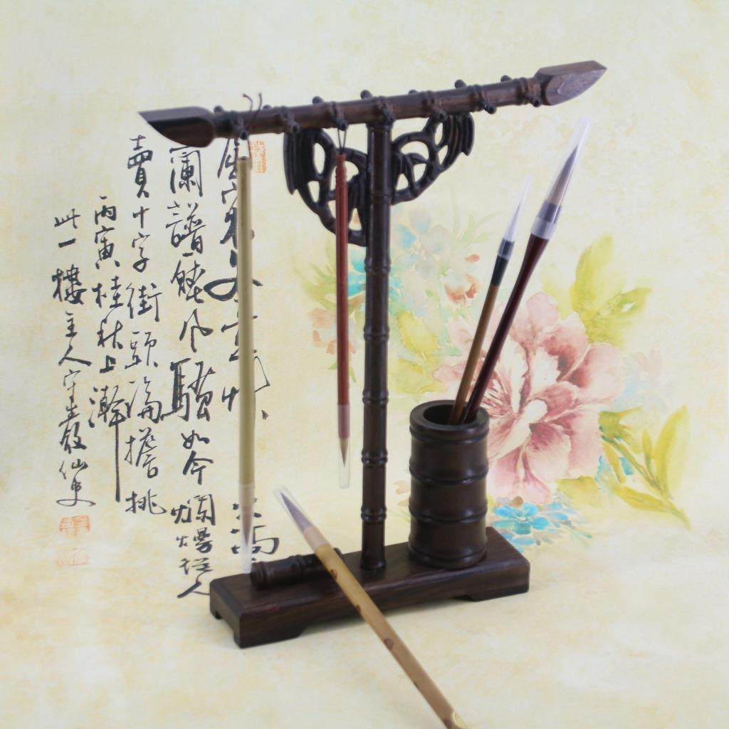 厂家直销 黑檀木毛笔笔挂 木质竹节多功能笔架笔筒 文房摆件