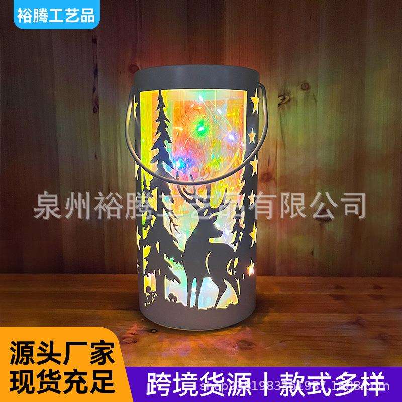 圣诞节电子铁艺灯笼米粒灯串会变色氛围灯白色小鹿镂空光影摆件灯