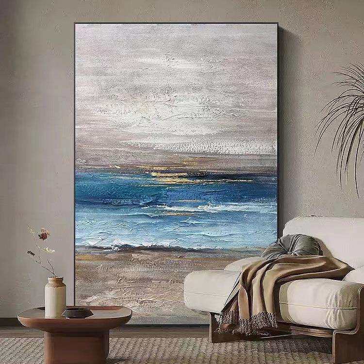 纯手绘抽象海景肌理油画现代落地画客厅玄关入户挂画大尺寸装饰画