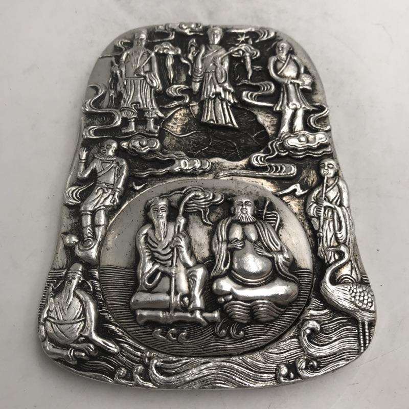 文房四宝古玩收藏 复古文房四宝铜镀银八仙过海砚台 长约14.5厘米