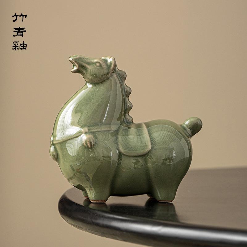 陶瓷马到成功茶宠摆件创意招财唐马桌面装饰摆设品家居工艺品绿马