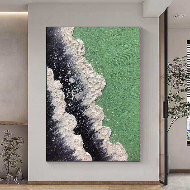 纯手绘现代简约肌理油画绿色大海客厅沙发墙装饰画落地立体抽象画
