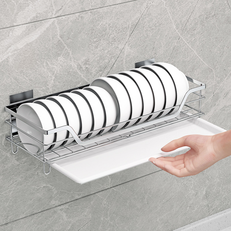 壁挂式碗架沥水架304不锈钢 单层碗碟架免打孔厨房收纳置物沥水篮