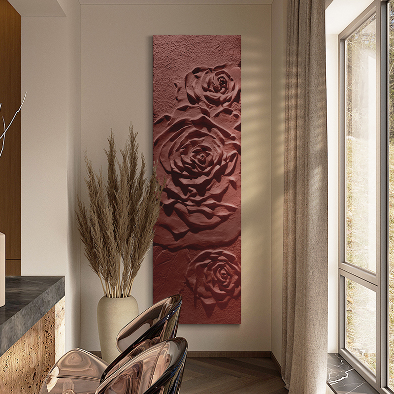 侘寂风高入户档玄关装饰画走廊过道挂画立体花朵浮雕壁画竖版大气