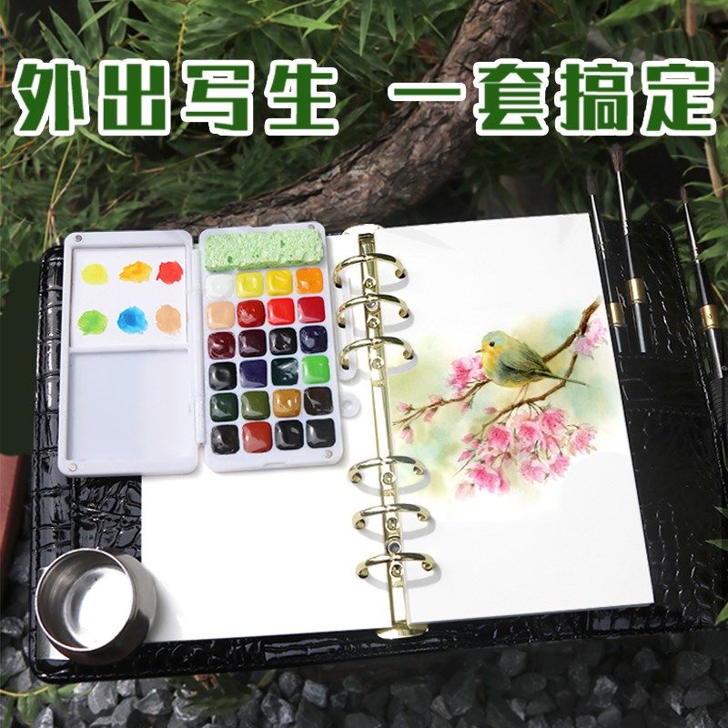 霹雳虎迷你水彩颜料盒随身携带手工绘画画本便携高颜值PU皮A7活页
