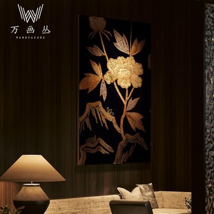 高级感线条肌理金色莲花中古竖版木质漆画装饰画客厅玄关背景墙