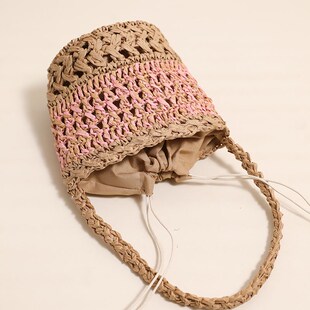 法式 小众单肩草包编织包度假风沙滩包百搭女包 镂空水桶草编包新款