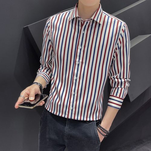红蓝条纹衬衫男长袖弹力夏季薄款外穿弹力韩版衫衣免烫抗皱衬衣土