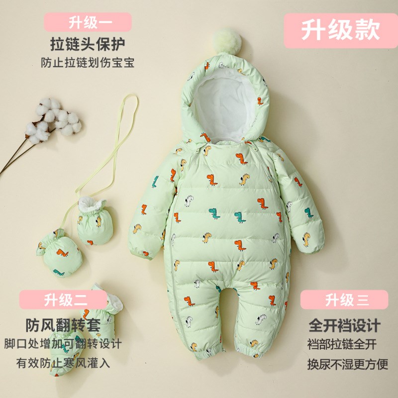 婴儿羽绒服连体衣男女宝宝外出连体哈衣新生儿冬季加厚印花抱衣