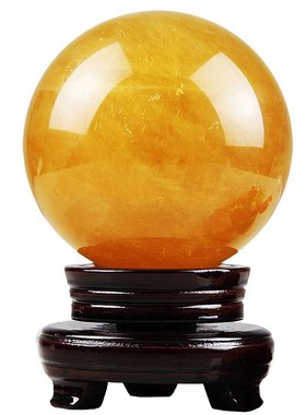 原石打磨天然黄色水晶球摆件方解石冰洲石装饰客厅办公室招米纳福