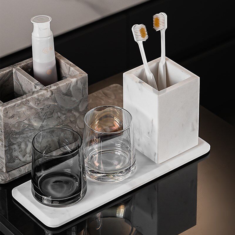 现代高级大理石平板单人双人牙刷架洗漱杯架置物架浴室梳子收纳筒