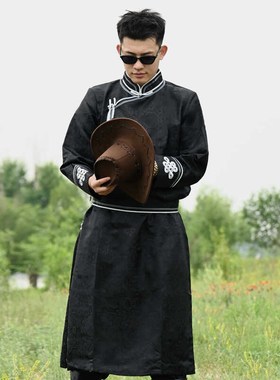 新款蒙古袍男士蒙古服日常生活装黑色酒红色蒙族演出表演服装长款