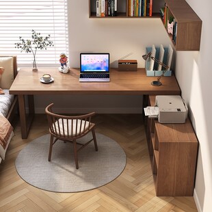 书桌书架一体桌子家用电脑桌实木转角书桌书柜R一体靠墙学习工作