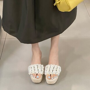 夏季 内增高厚底水钻凉拖鞋 网红草编女鞋 坡跟时尚 外穿10cm高跟爆款