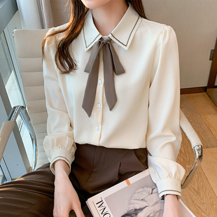 蝴蝶结白衬衫女免烫抗皱垂顺设计感小众别致领结气质通.勤职业衬