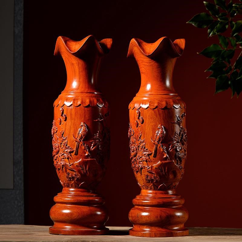 木雕花梨木装饰花瓶红木摆件实木家居客厅中式大号插花雕刻工艺品