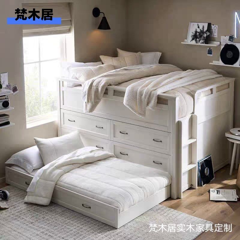 美式儿童房多功能全实木半高床定制环保小户型抽屉高箱储物组合柜