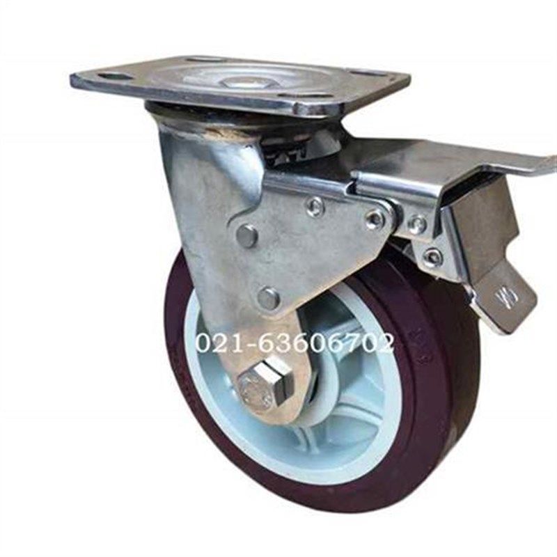 4x2超重型304不锈钢聚氨脂万向轮带刹车脚轮耐腐蚀工业手推车轮子