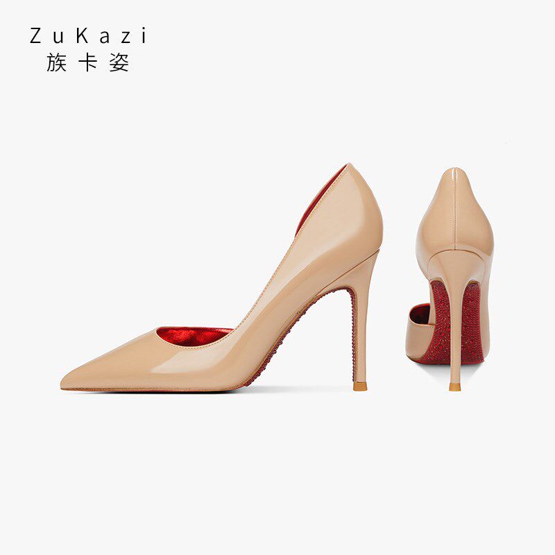 红底高跟鞋女细跟10cm黑色侧空带水钻气质名媛裸色尖头2024新款